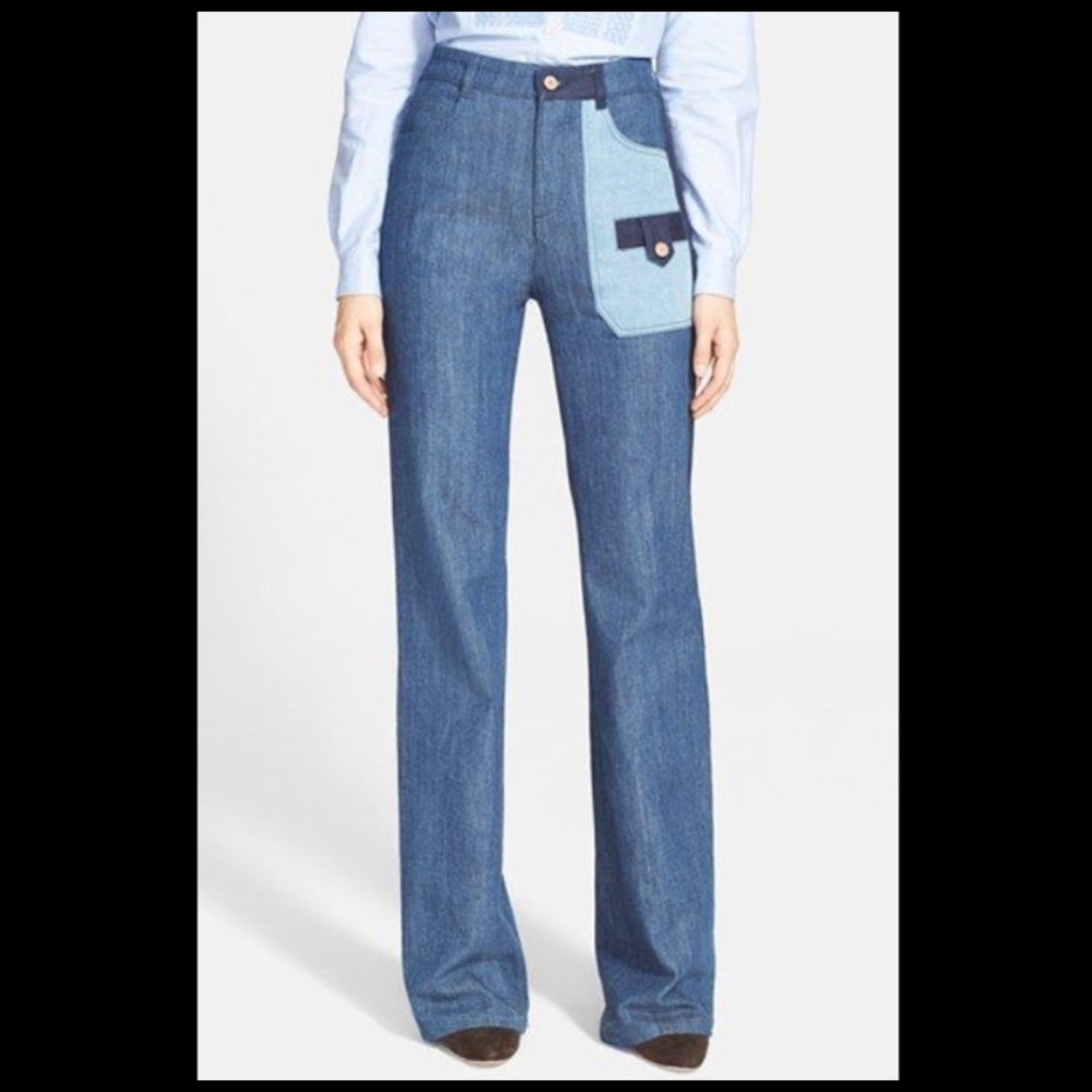 See by Chloé Patchwork Denim High-Waisted Flared Jeans Pants